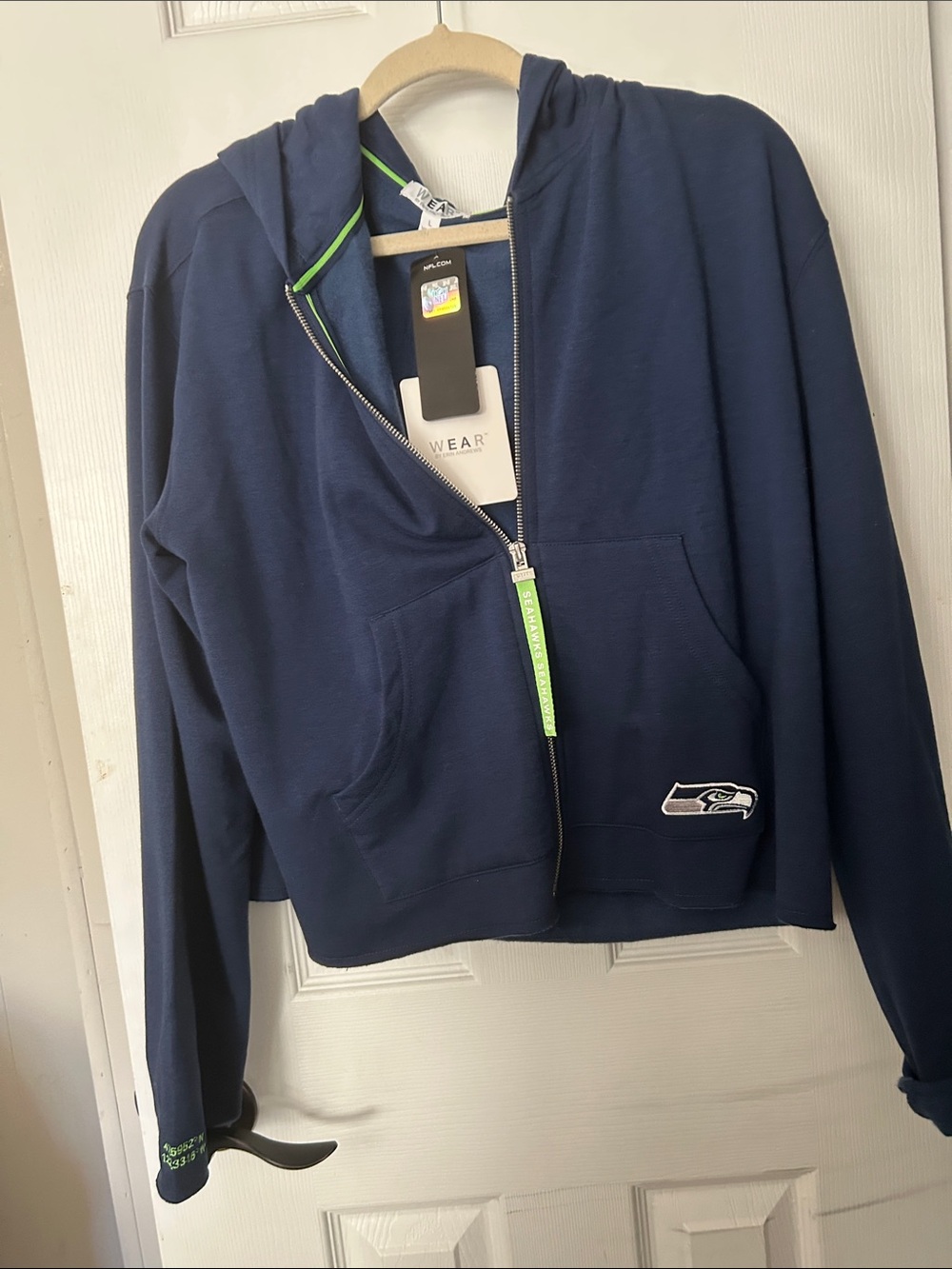 Seattle Seahawks Women's Navy Zip Hoodie with Neon Green Trim